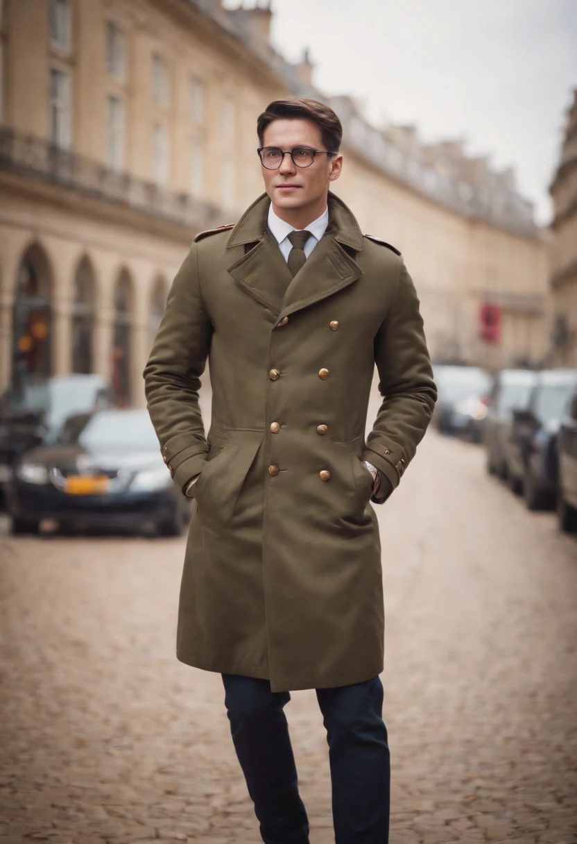 Create a visually striking representation of a charismatic gentleman dressed in a military-style coat. He should wear elegant spectacles and carry a beautifully designed sign displaying the message 'Thanks for your kind wishes.'
