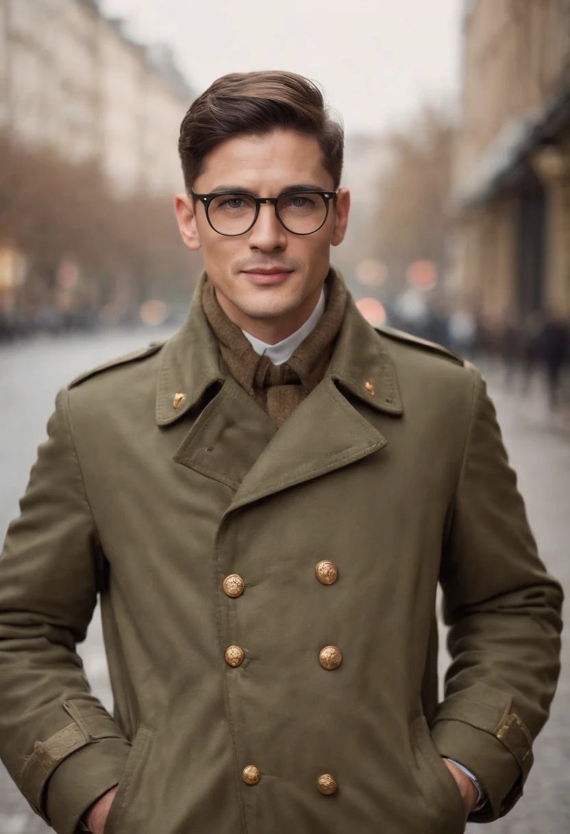 Create a visually striking representation of a charismatic gentleman dressed in a military-style coat. He should wear elegant spectacles and carry a beautifully designed sign displaying the message 'Thanks for your kind wishes.'