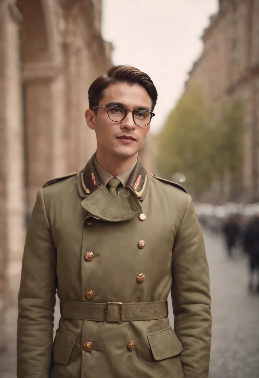 Create a visually striking representation of a charismatic gentleman dressed in a military-style coat. He should wear elegant spectacles and carry a beautifully designed sign displaying the message 'Thanks for your kind wishes.'