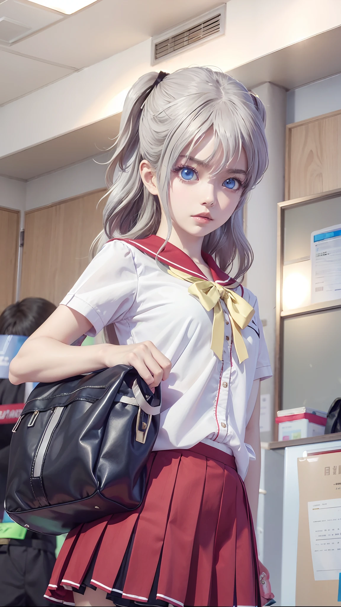 bag, school bag, 1girl, itsumi erika, skirt, tomori nao, solo, handbag, blue eyes, pleated skirt, shoulder bag, bow, short sleeves, red skirt, long hair, silver hair, backpack, school uniform, shirt, standing, bangs, closed mouth, eyebrows visible through hair, looking at viewer, frown, bowtie, cowboy shot, holding bag, sailor collar, serafuku, blouse