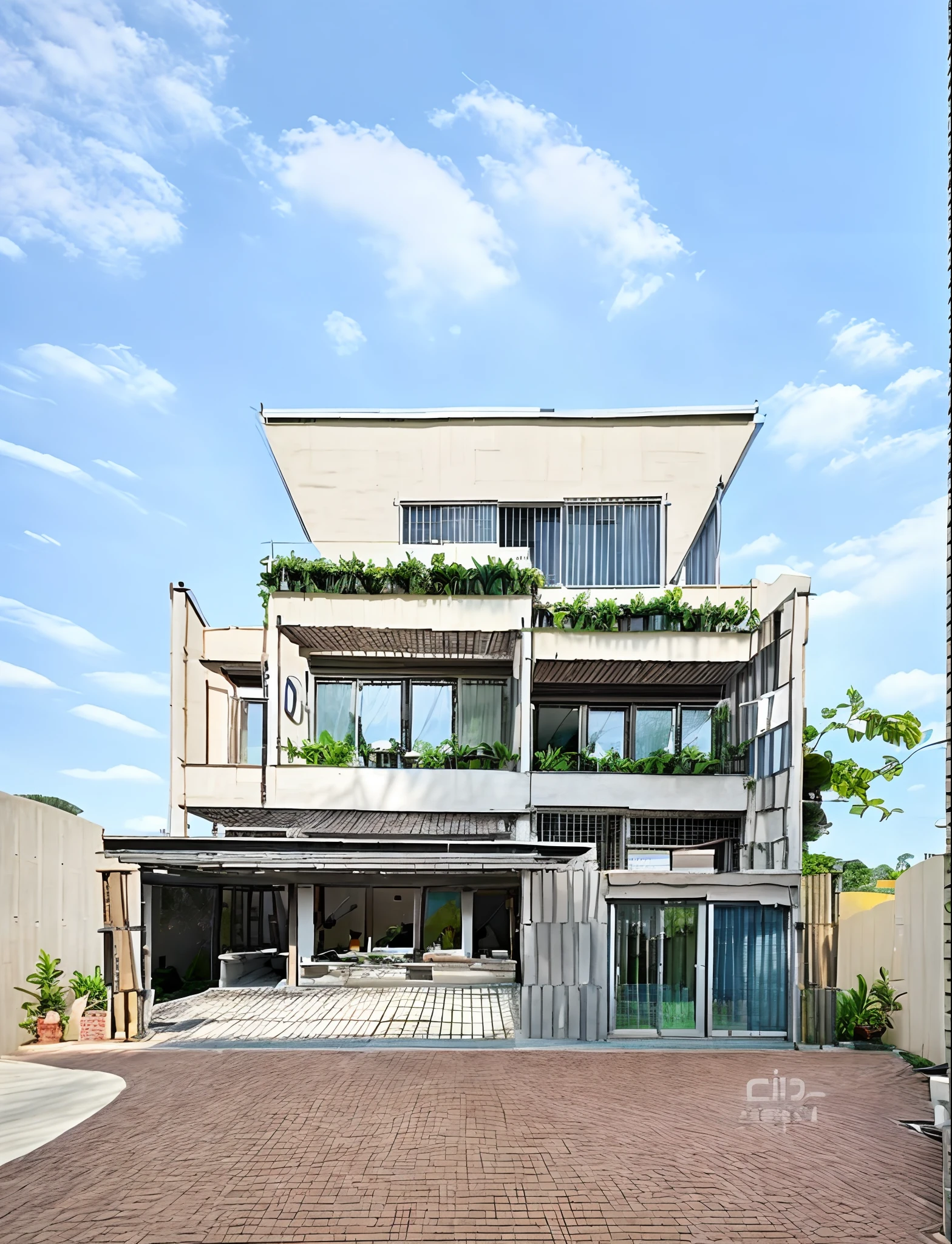 RAW photo,Masterpiece, high quality, best quality, realistic, super detailed,
(exterior: 1.1), modern garden house, (material between brick and concrete: 1.1), beautiful landscape design, wide road in front of the house, (tropical trees), blue sky, soft daylight lightweight, (high detail: 1.2) ), 8k uhd, high quality