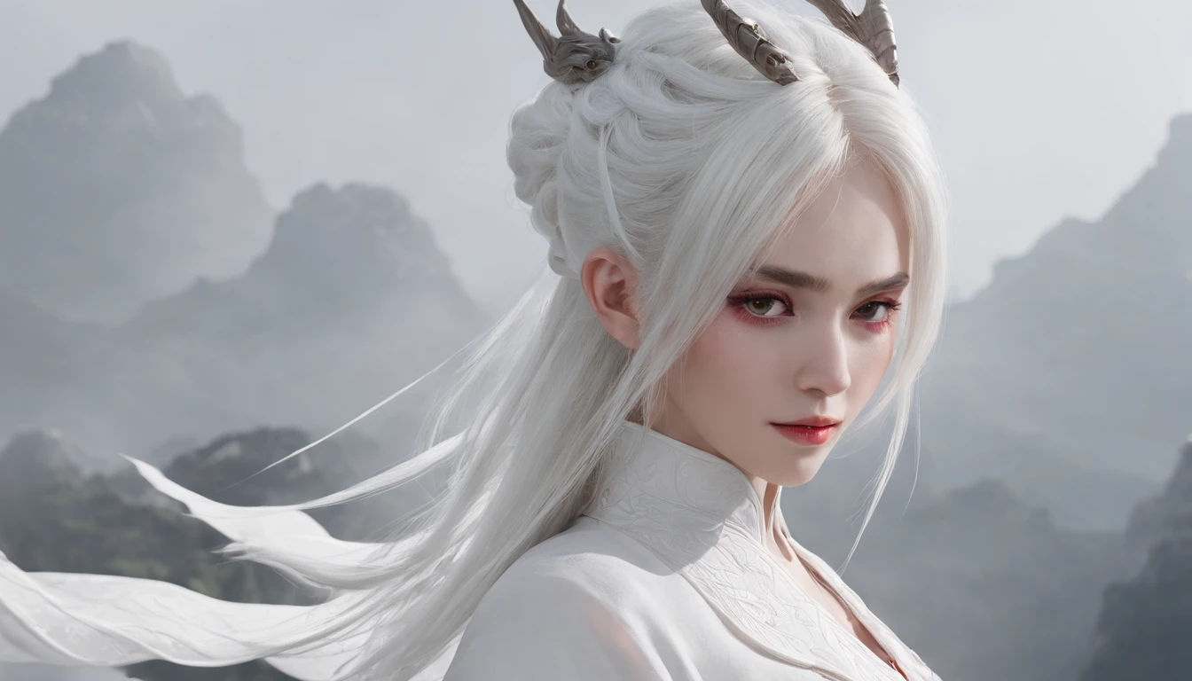 Cirilla Fiona Elen Riannon,动态照明,art stations,poster for,Volumetriclighting,Very detailed faces,4k wallpapers,Award-Awarded,1 girl with white hair,He has a delicate and beautiful face,long hair flowing,horse tailed,Fringed Hair Ornament,Dynamic perspective,White Hanfu,White gauze flying,red waistband,Sexy,Tradition Chinese Ink Painting,Surrounded by clouds,fog atmosphere,Ride a white dragon,Stroke the faucet,White dragon horn,dynamic viewing angle,电影灯光,