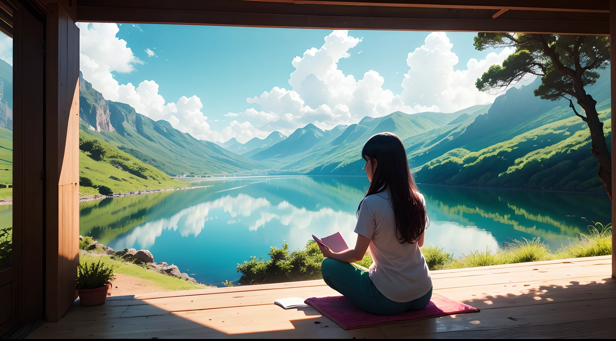 Mulher meditando num grande campo verde com um lago e montanhas ao fundo, dia ensolarado, paisagem maravilhosa, pastels colors