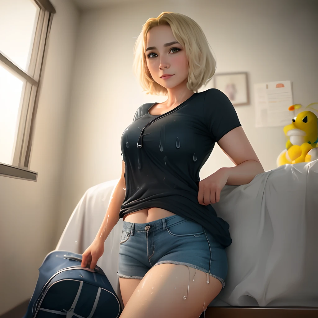Chica, de cuerpo completo, without panties showing the bagina with wet clothes,con las piernas abiertas, en la cama, high resolusion, (((Obra maestra))), (sexy:0.9), sucio, muy detallado, pelo corto, galardonado, (((fotorrealista)))