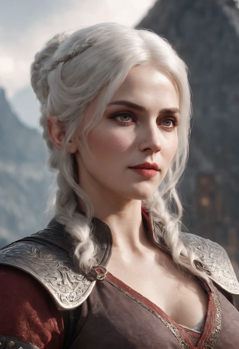 Cirilla Fiona Elen Riannon，Highest image quality，Outstanding details，超高分辨率，（Fidelity：1.4）, Favor the details，closeup cleavage，dawn，Snow，winter，Wizard Sword，He has a delicate and beautiful face，Red Japanese oni armor，Raised sexy，frontage，cyber punk perssonage，Futuristic，mechanically aesthetic，Virtual Engine 5，Perfect detail rendering，rendering by octane，hyper HD