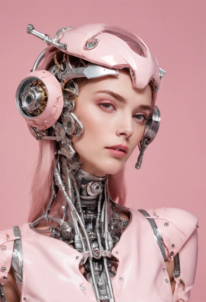 mechanical woman, humanoid, metal polished, intricate mech details, dynamic pose, perfect composition, symmetry, detailed, professional photography, pink background