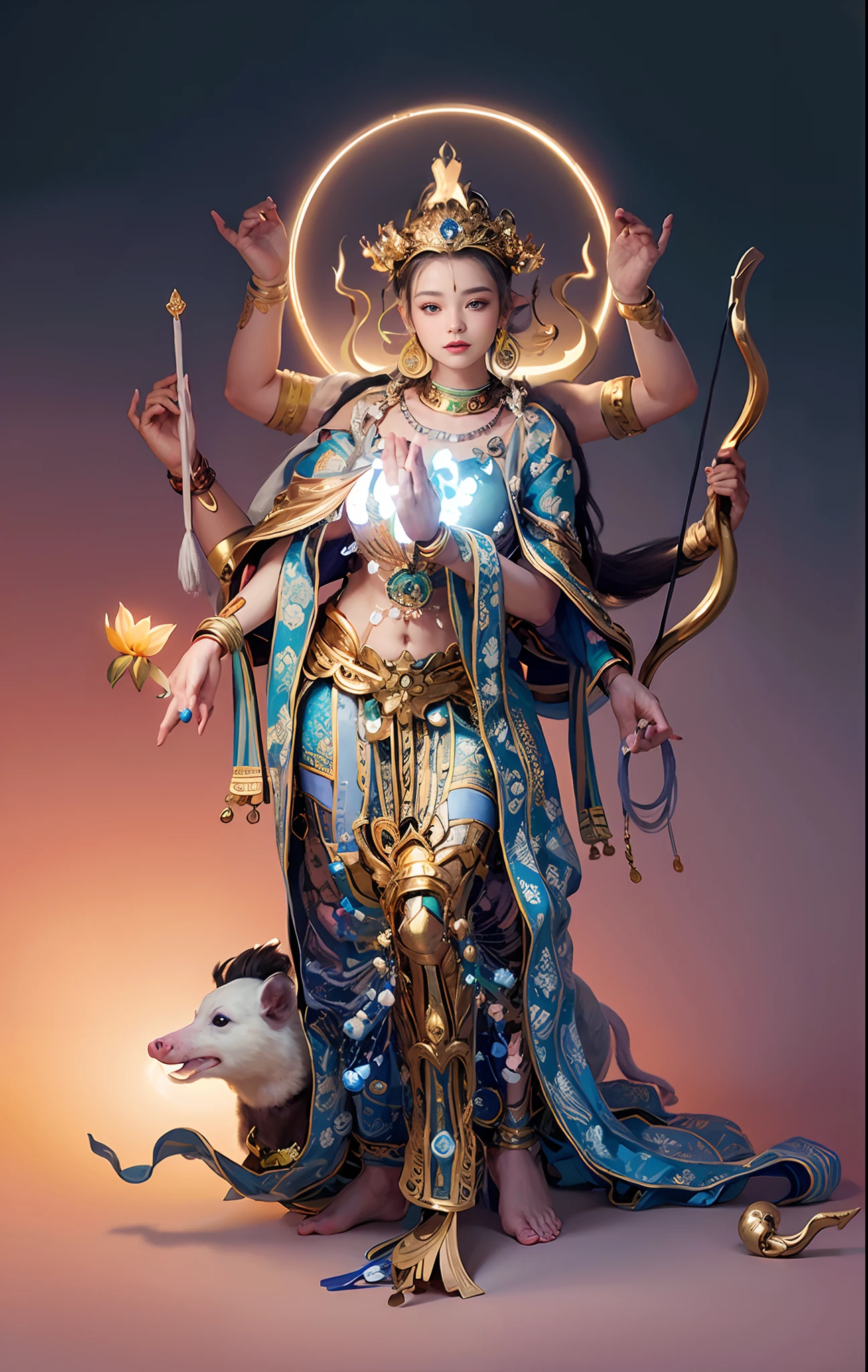 Beautiful woman sitting in a golden car, mythical character，Three heads，There are toilet heads on the left and right，Look ahead，(((Golden lotus throne)))，The woman wears a light blue dress，Light blue pants，(((Head background with round light)))，(((Behind it is the sun)))，(((Women emit bright and dazzling blue light)))，Women have three heads，In total, The arm has eight mudras，Take all kinds of metal weapons，Barefoot on both feet，There are seven piglets pulling carts in front，goddess of love and peace, indian goddess of wealth, Heavenly Bodhisattva, goddess art, goddess of wisdom, an ancient Chinese goddess，photorealestic，professional photoshooting，Realiy，超高分辨率，tmasterpiece，