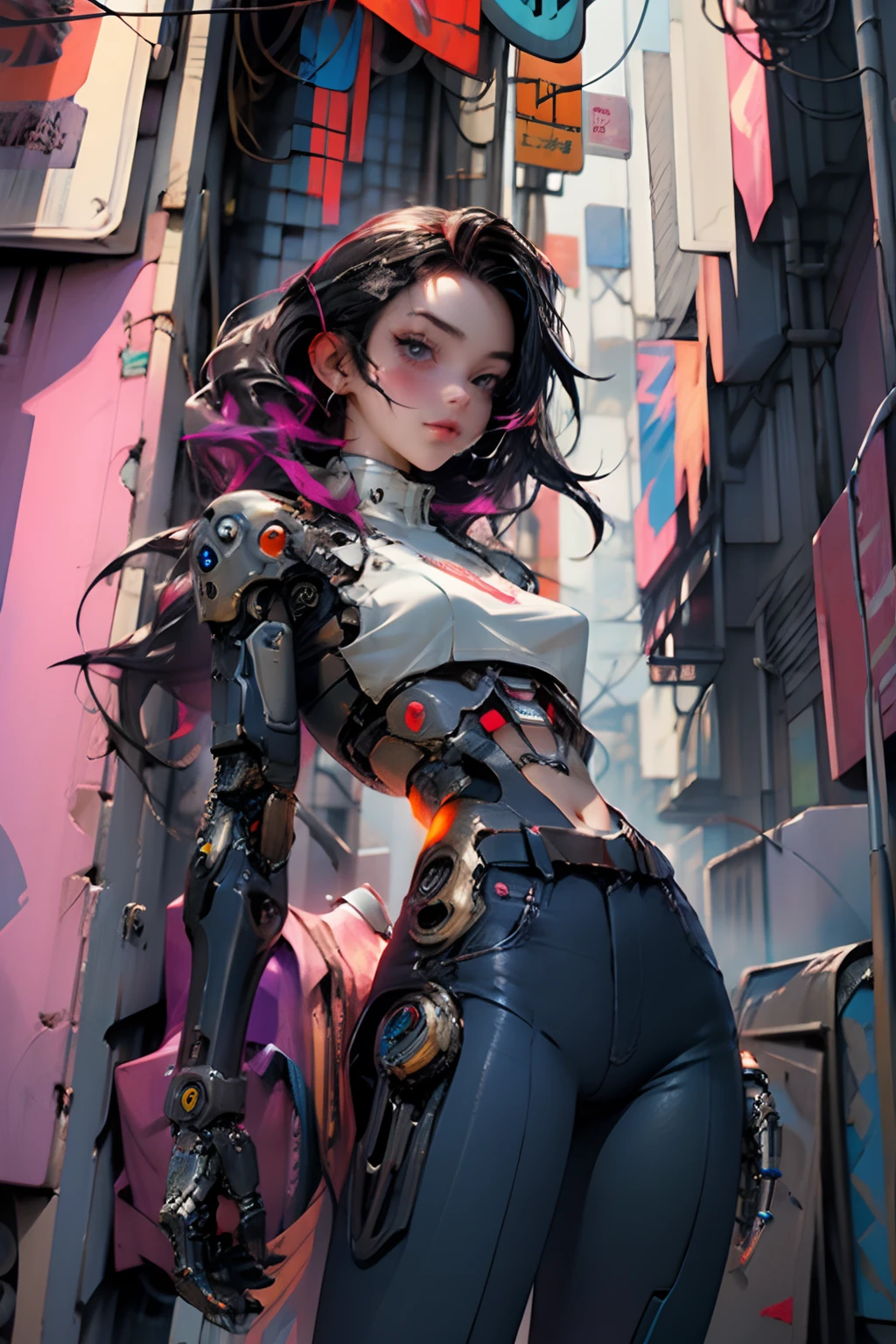 ray tracing, masterpiece, best quality, 1girl, beautiful girl, mechanical arms, cyborg, cyberpunk, synthwave color,