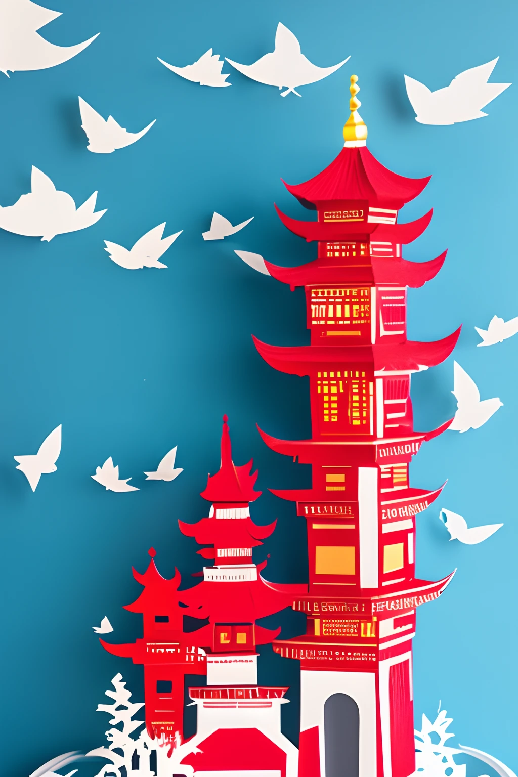 tmasterpiece,best qualityer,Chinese architecture,sky-high tower,Paper Cuttings style,Red paper cutout