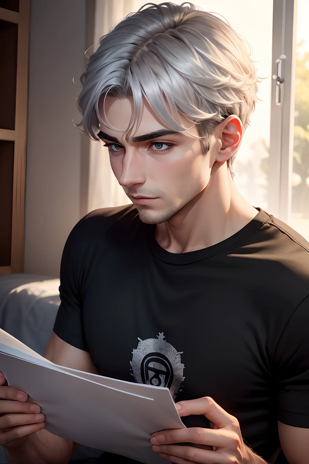 silber hair male people a black T-shirt Reading a letter