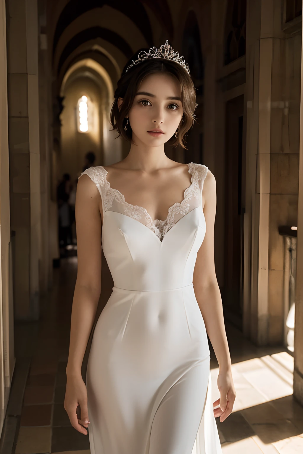 Ana de Armas, ((sozinho)), soio, noiva, Usando um vestido de noiva branco, Rainha, Feliz, ((testa para mostrar)), Standing, entrando na igreja, cabelo castanho, short hair, delicado, jovem, short hair, Rosto detalhado, High definition, ((corpo inteiro)), (flores ao seu redor), corpo inteiro, she's a beautiful woman getting married, Rosto com alta qualidade, Beautiful, radiante