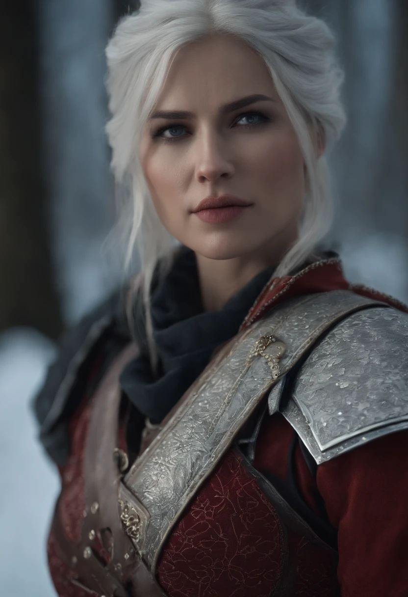Cirilla Fiona Elen Riannon，Highest image quality，Outstanding details，超高分辨率，（Fidelity：1.4）, Favor the details，closeup cleavage，dawn，Snow，winter，Wizard Sword，He has a delicate and beautiful face，Red Japanese oni armor，Raised sexy，frontage，cyber punk perssonage，Futuristic，mechanically aesthetic，Virtual Engine 5，Perfect detail rendering，rendering by octane，hyper HD