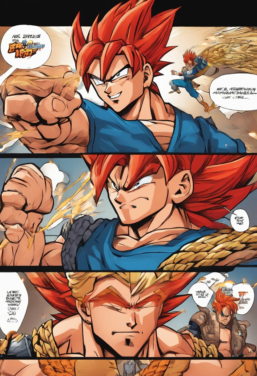 quadrinhos americanos, preto e branco, The comic is presented in 4 irregular panels with colors. Filho Goku, 1st grade, irritado, Dano de batalha, Branco, faixa azul, dentes rangedos, furioso, olhos vermelhos, Foco masculino, musculoso, musculoso masculino, Pecs, belt, sozinho, cabelo grande, red hair, Aura de Fogo, Super Deus Saiyajin, Super Deus Saiyajin, dente, homem de topless, Roupas rasgadas, pulseira, ((master part))