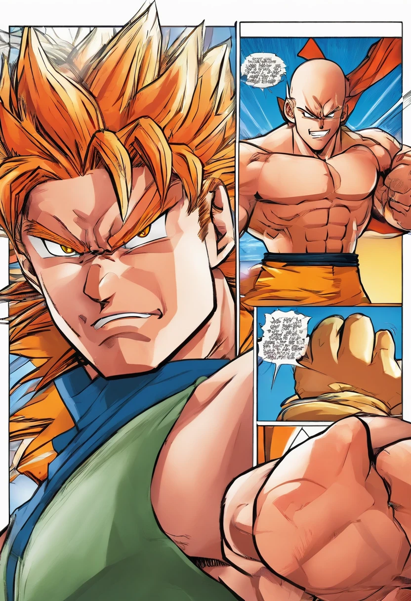 quadrinhos americanos, preto e branco, The comic is presented in 4 irregular panels with colors. Filho Goku, , irritado, Dano de batalha, Branco, faixa azul, dentes rangedos, furioso, olhos vermelhos, Foco masculino, musculoso, musculoso masculino, Pecs, belt, sozinho, cabelo grande, red hair, Aura de Fogo, Super Deus Saiyajin, Super Deus Saiyajin, dente, homem de topless, Roupas rasgadas, pulseira, ((master part))