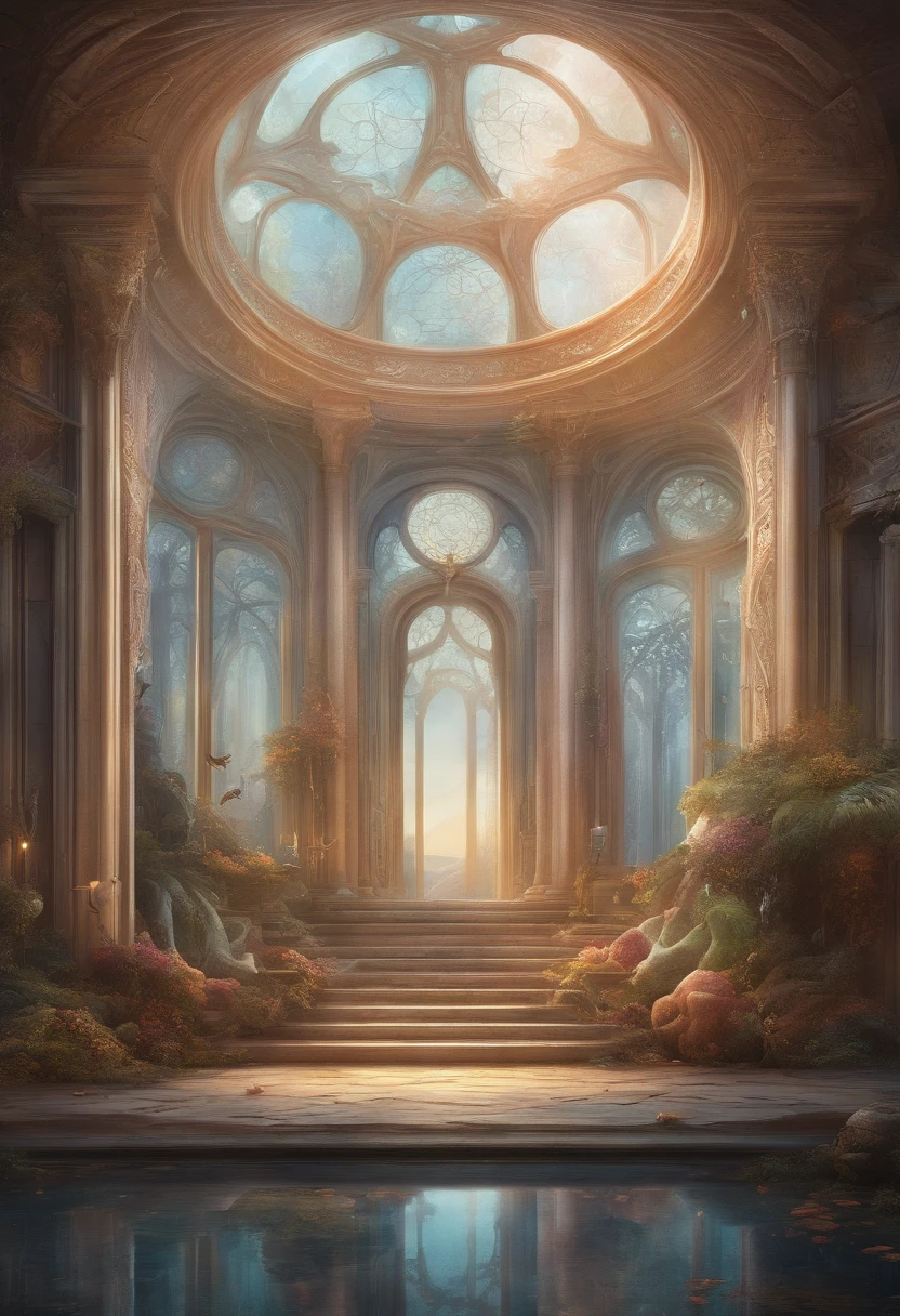 Best quality, masterpiece, photorealistic, (high resolution CGI artwork 8k), create a stunning futuristic alien interior of a vampire opulence style, the color scheme is ethereal in white, reflective opal, style with roses, marble, bats, precious minerals, metals, gemstones, crystals, ornate grand historical window, high-resolution, 3D-rendered masterpiece of digital art, flawlessly blending the worlds of fantasy and reality, dreamy glimmer, the cityscape is a fantastical Alien world of mystery, inspired by Beeple