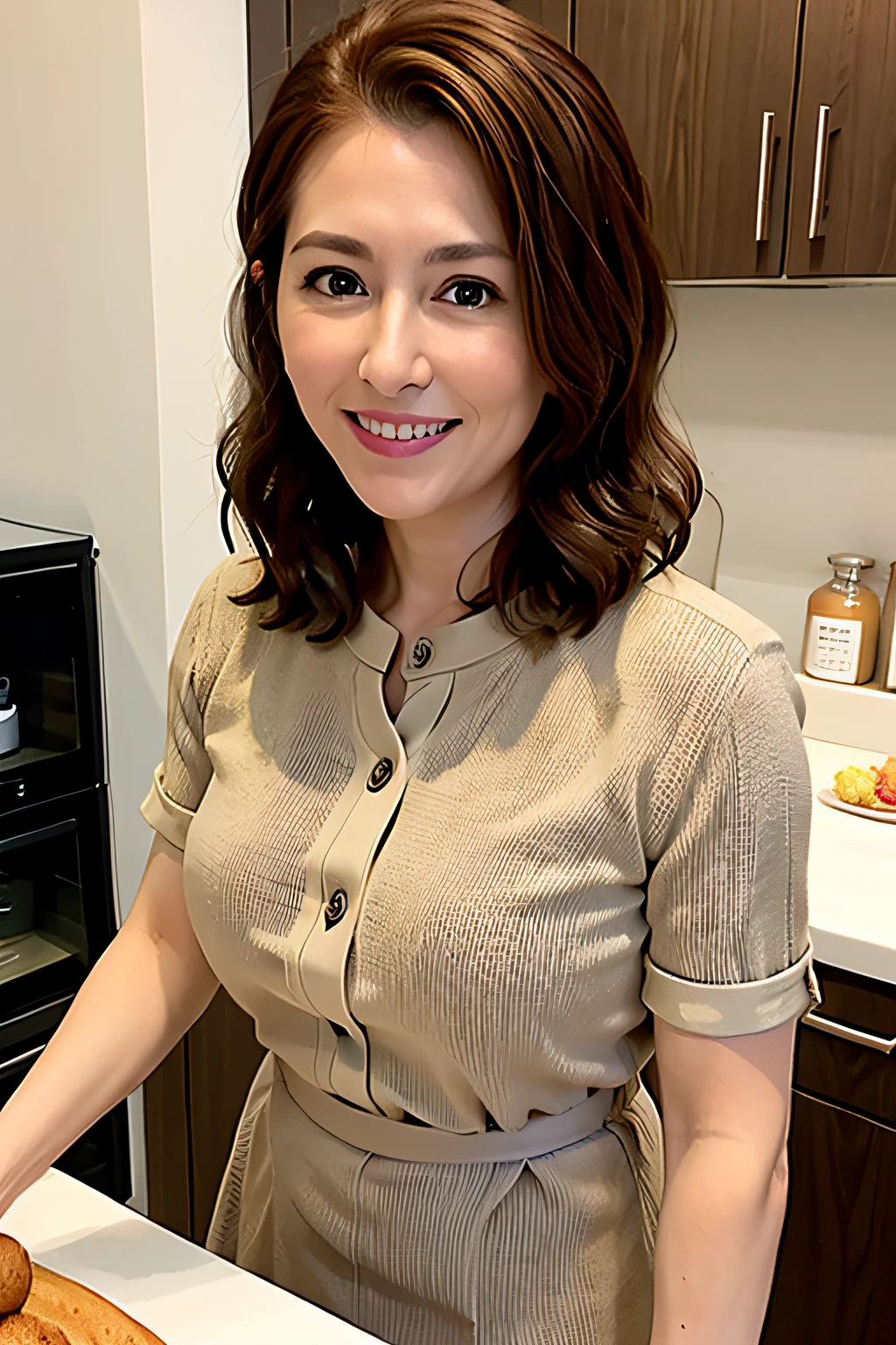 Professional middle-aged woman with brown hair,Kitchen for cooking，Dress coolly