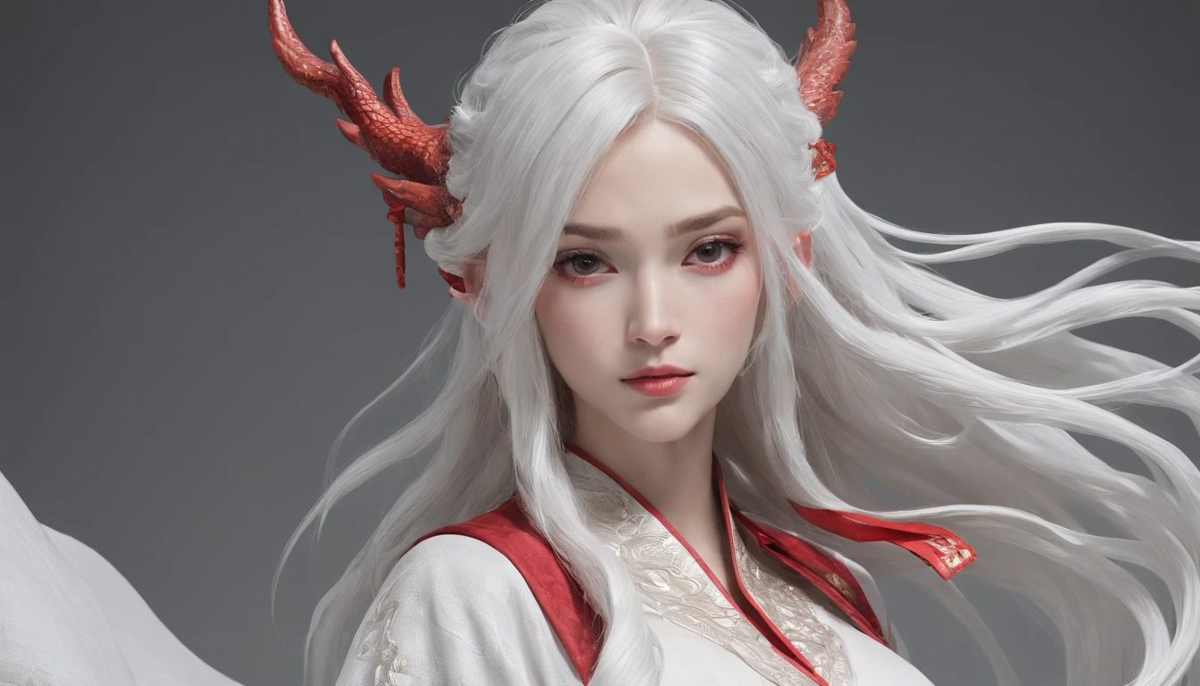 Cirilla Fiona Elen Riannon,动态照明,art stations,poster for,Volumetriclighting,Very detailed faces,4k wallpapers,Award-Awarded,1 girl with white hair,He has a delicate and beautiful face,long hair flowing,horse tailed,Fringed Hair Ornament,Dynamic perspective,White Hanfu,White gauze flying,red waistband,Sexy,Tradition Chinese Ink Painting,Surrounded by clouds,fog atmosphere,Ride a white dragon,Stroke the faucet,White dragon horn,dynamic viewing angle,电影灯光,