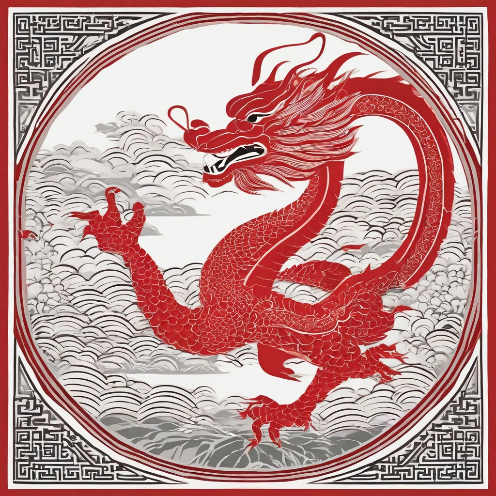 Flat paper cut style，contours，((chinesedragon))，Dragon，red colour，Clean cut，Paper，sharp-edged，Maximalism，Color blocking，((round form))