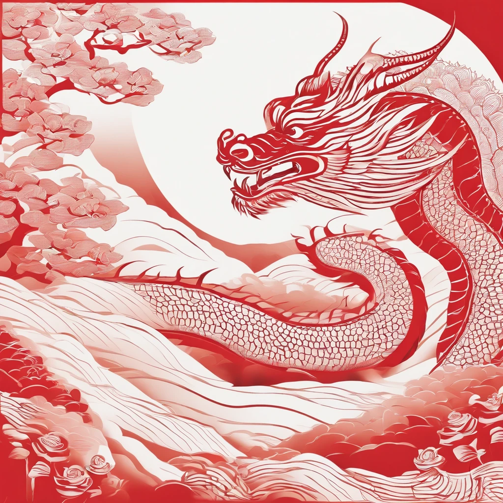 Flat paper cut style，contours，((chinesedragon))，Dragon，red colour，Clean cut，Paper，sharp-edged，Maximalism，Color blocking，((round form))
