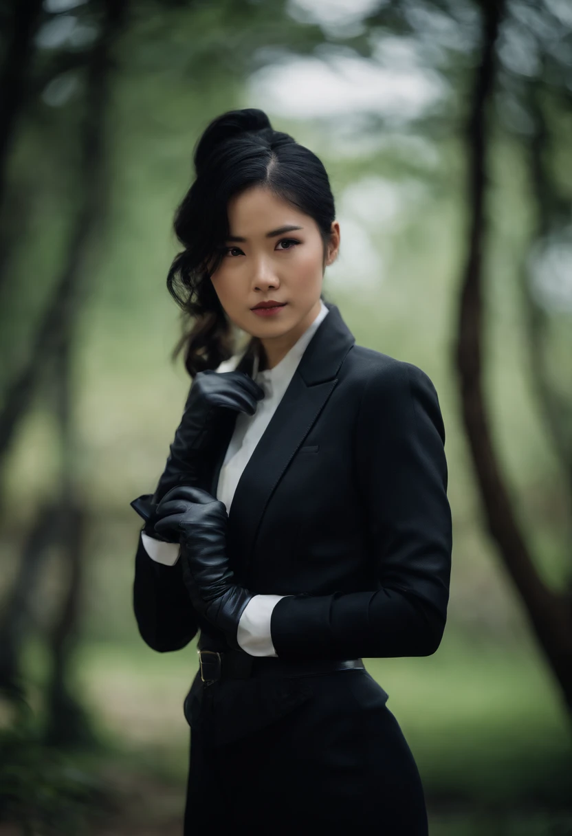 Black leather gloves, black suit, black hair, ponytail, Japanese girl, ribbon tie blouse, upper half