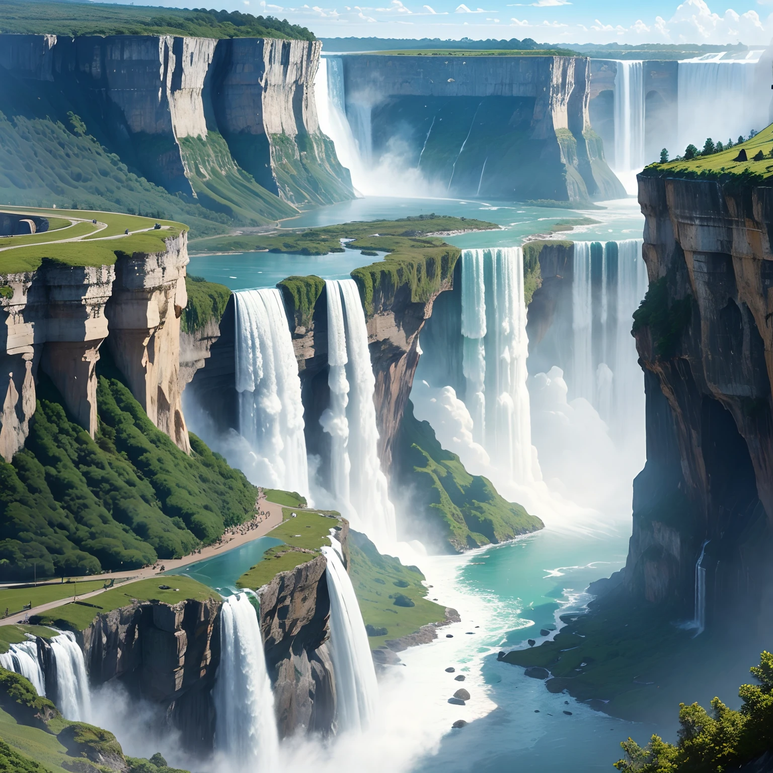 Giant waterfall,Huge cliffs Niagara Falls,SFFantasyart,超A high resolution,Superb view surrounded by nature,Mysterious scenery,in isekai,planet earth,masterpiece,Fantastical、