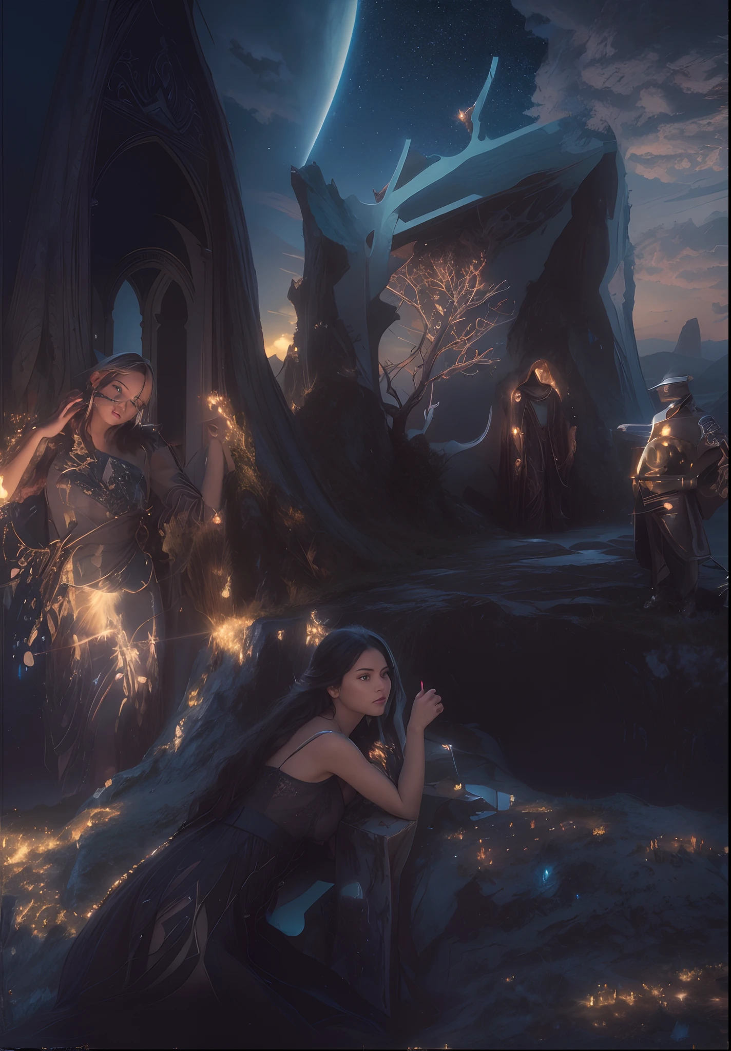 Starry Sky with Mountains and Lake, Jessica Rossier, Inspired by Jessica Rossier, Jessica Rossier Fantasy Art, Concept Art Magic Highlights, Official Artwork, Dream Painting, Ethereal Realm, Atmospheric artwork, dreamy matte paintings, serene endless stars inspired by Ted Nasmith, moonlit starry environments, epic music album covers.