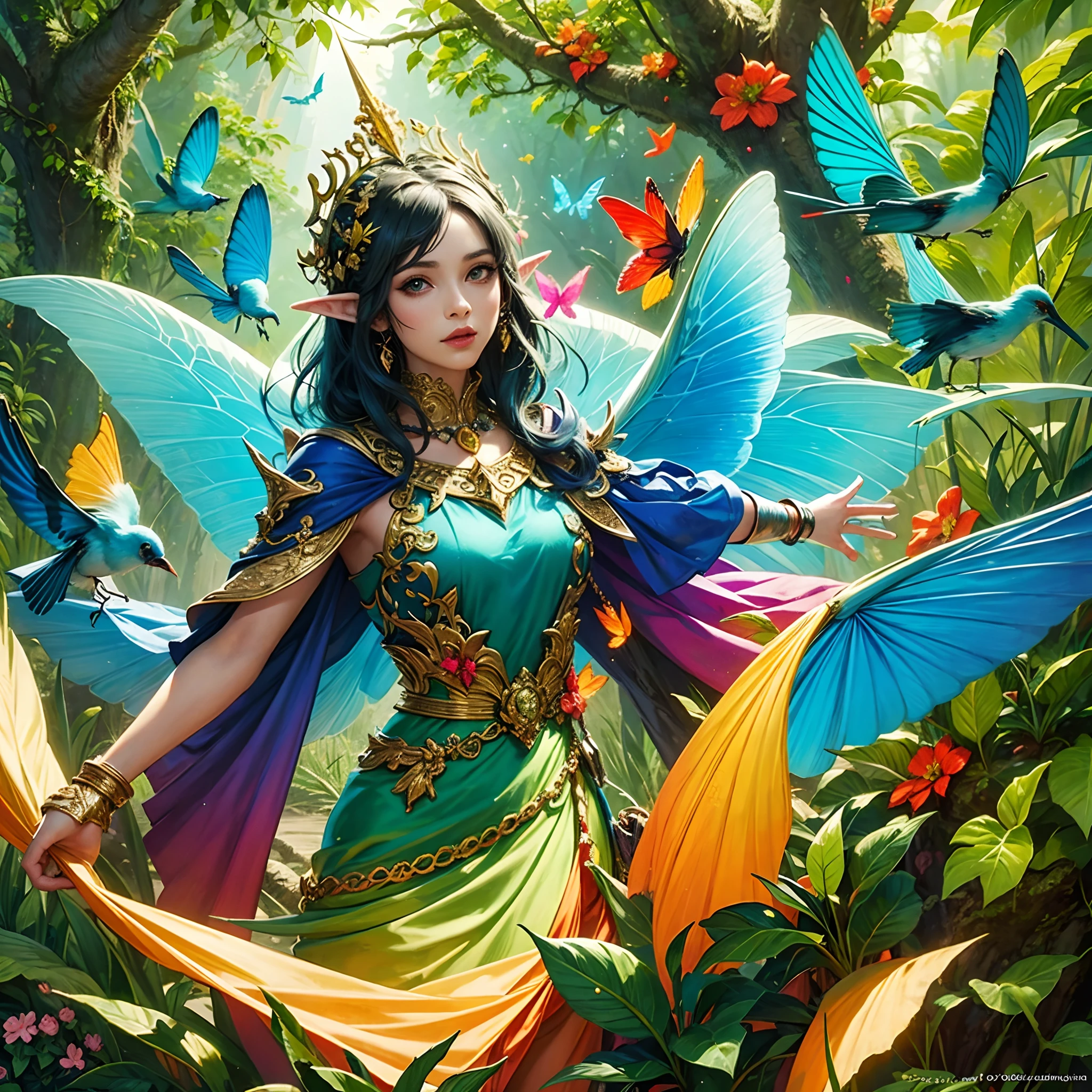 fantasy, jungle, fairy, Colorful birds, Elven Woman, Colorful butterflies, masterpiece, super detail, best quality