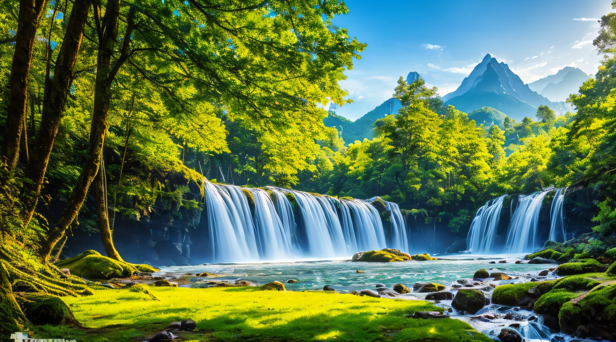 A breathtakingly beautiful natural landscape, featuring a cascading waterfall surrounded by lush, vibrant vegetation and framed by towering mountains in the distance.natural landscape,cascading waterfall,vibrant vegetation,towering mountains(best quality,4k,8k,highres,masterpiece:1.2),ultra-detailed,(realistic,photorealistic,photo-realistic:1.37),HDR,UHD,studio lighting,ultra-fine painting,sharp focus,physically-based rendering,extreme detail description,professional,vivid colors,bokehlandscapevivid and vibrant colors, lush greenssoft, diffused sunlight filtering through leaves