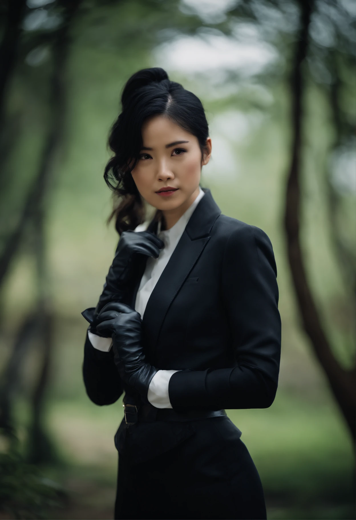 Black leather gloves, black suit, black hair, ponytail, Japanese girl, ribbon tie blouse, upper half