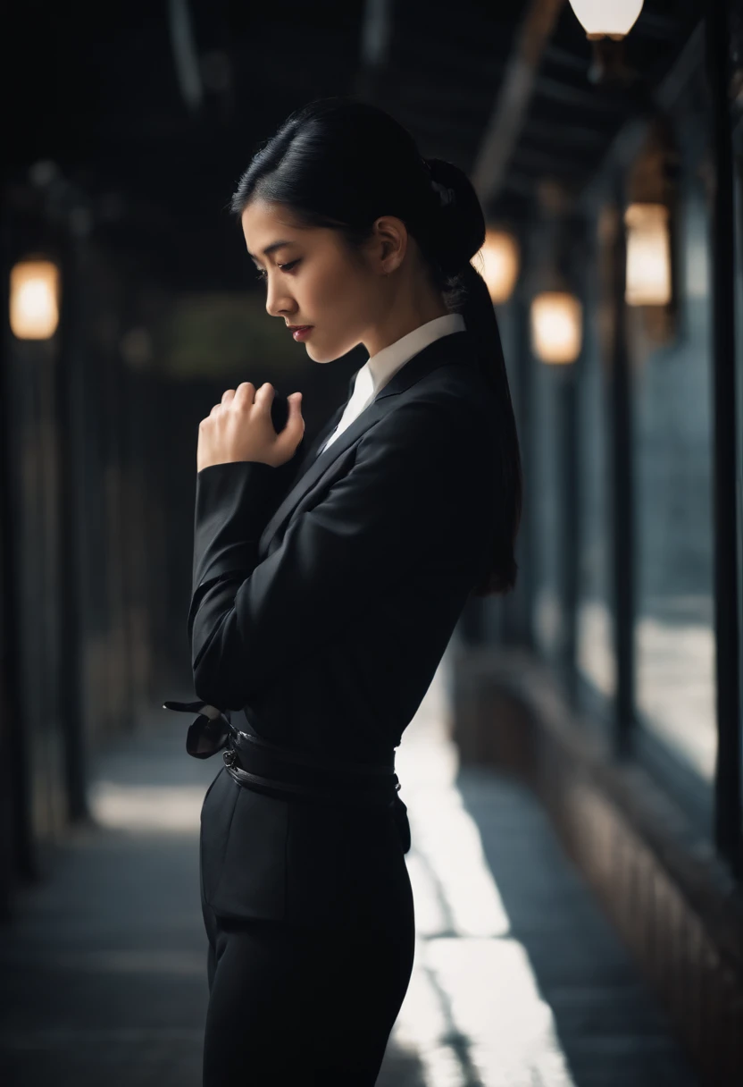 Black leather gloves, black suit, black hair, ponytail, Japanese girl, ribbon tie blouse, upper half