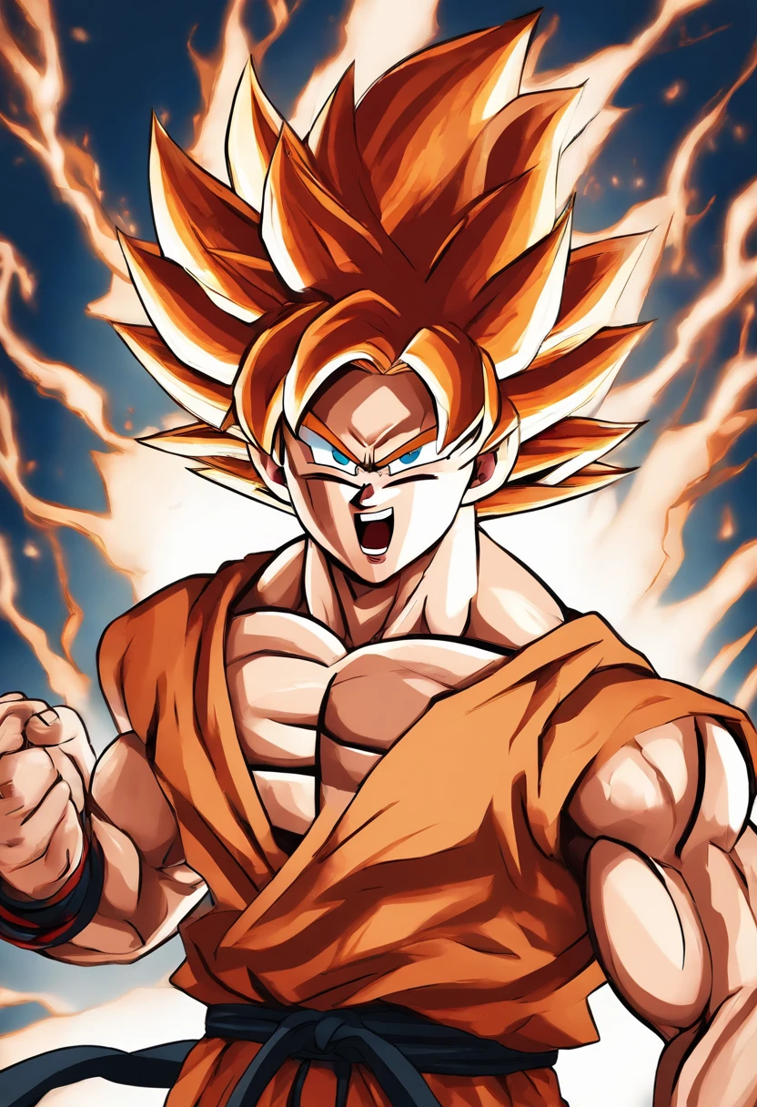 son goku, 1boy, angry, battle damage, white, blue belt, gritted teeth, furious, red eyes, male focus, muscular, muscular male, pecs, belt, solo, big hair, red hair, fire aura, super saiyan god, super saiyan god, teeth, topless man, torn clothes, bracelet, ((masterpiece))