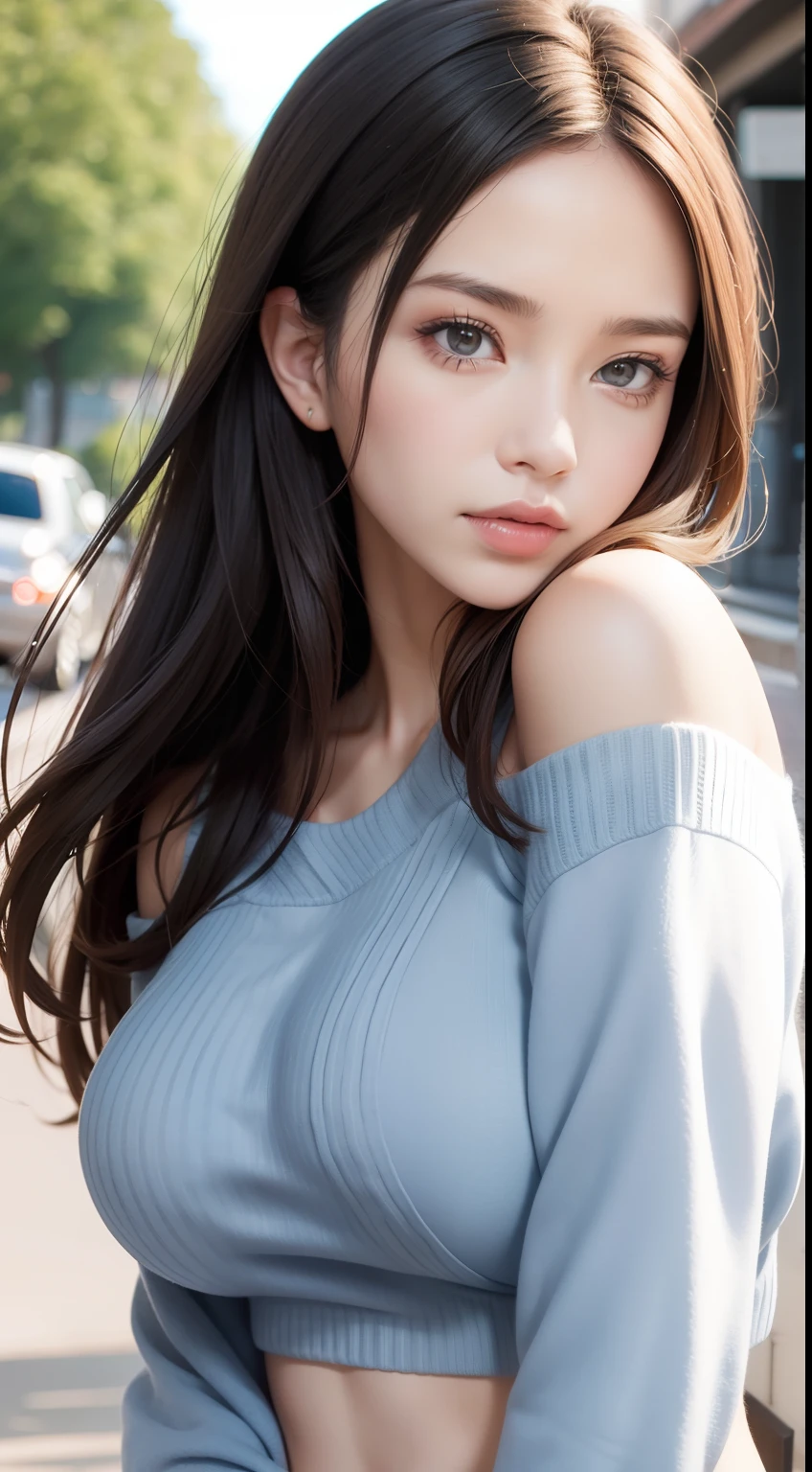 woman, Large breasts, facingviewer,fcPortrait, Cropped sweater, midriff, Sweater, 1girll, Detailed face, Hanging driveway, illustrated