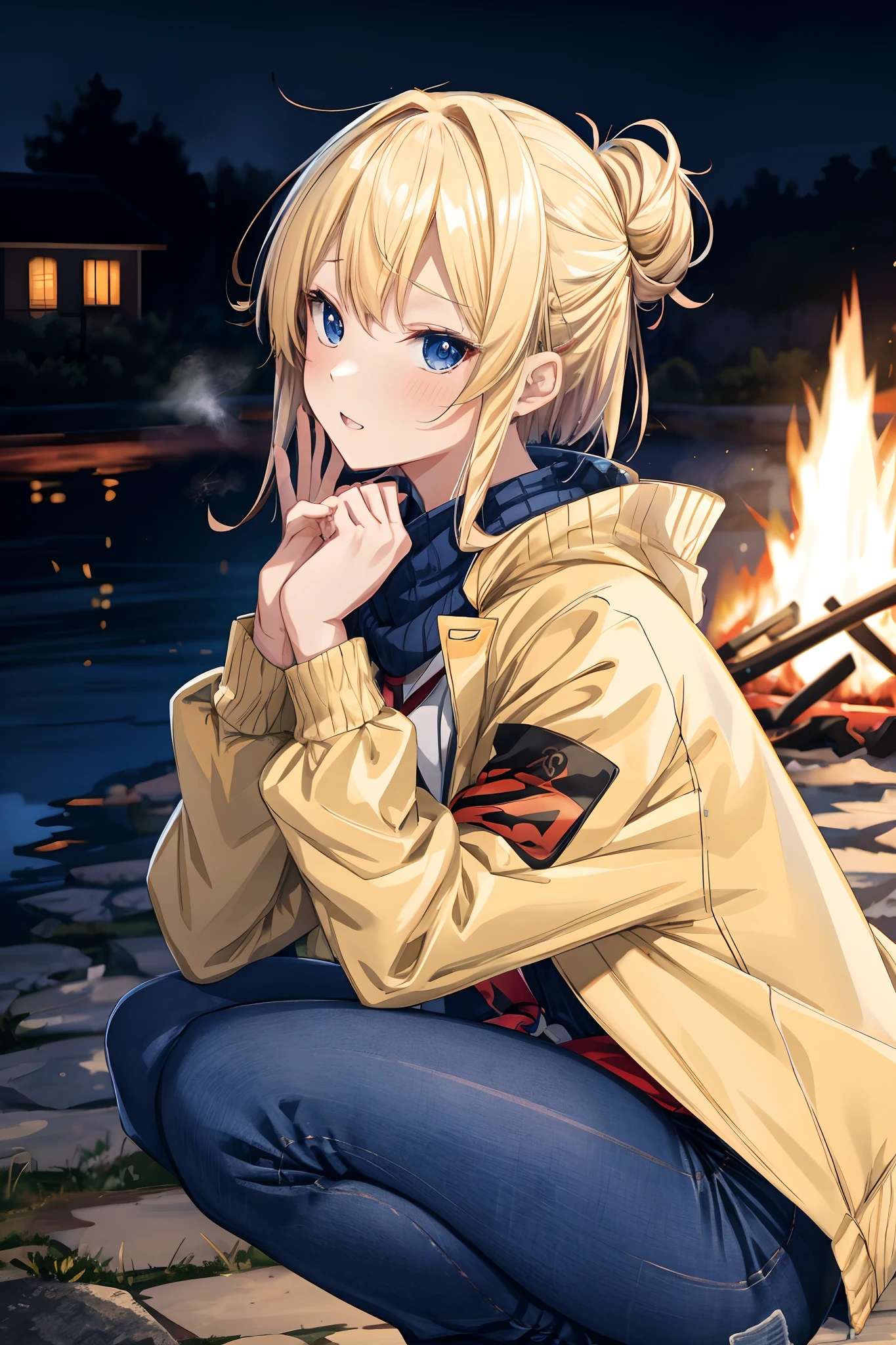 anime girl sitting in front of a bonfire, cozy wallpaper, anime moe artstyle, kantai collection style, cute anime girl, 4 k manga wallpaper, anime visual of a cute girl, anime wallaper, anime style 4 k, beautiful anime girl squatting, high quality anime artstyle, (anime girl), 🍁 cute, (wearing cable-knit with outdoor jacket, deep navy blue skinny denim), (dark chestnut medium short hair, updo, wavy hair), outdoor, in a park, blurry background, bokeh, sunset, in a night, (ultra high resolution, 8K RAW photo, photo realistics), natural shading, fine detailed face, beautiful detailed eyes,