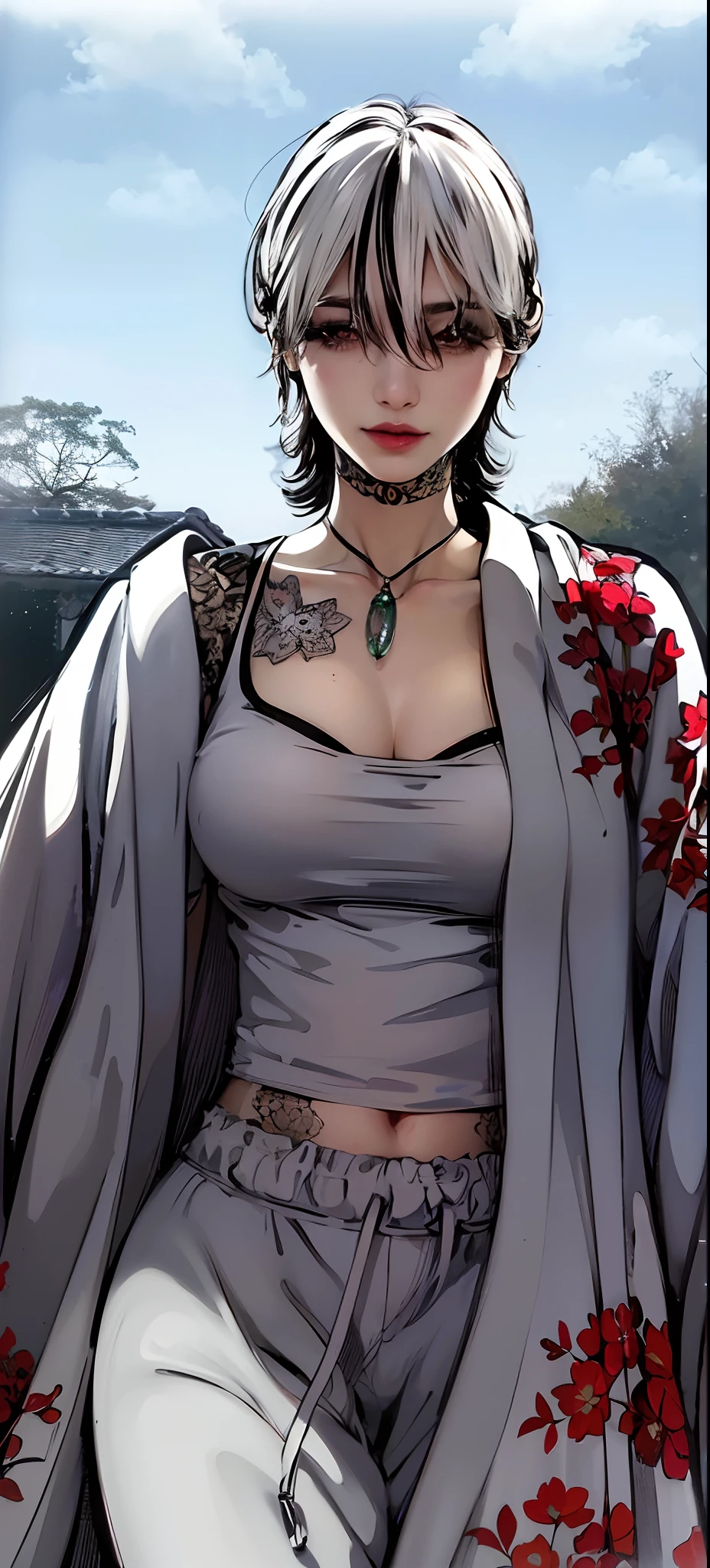 Realistic, High resolution, Soft Light,1 Female, alone, Hip Up, (Detailed face), we \(one piece\), tattoo, jewelry,kochou shinobu,Multicolored Hair,No bangs,Hair Intake,Purple eyes,amount,Black Shirt,Black trousers,Haori,butterfly,button,belt, knife, ((torn clothing:1.5)), ((Close your eyes and yawn loudly)), ((Voluptuous body)),