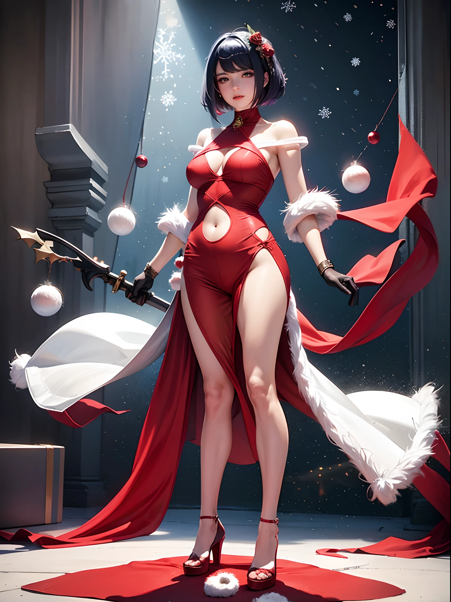 Kujou sara,red dress, white fur,((see through)), extremely detailed,grinning, realistic anime, red heels, (((Christmas))), wide hips, 20 year old woman,((( standing))), purple hair, belly cutout