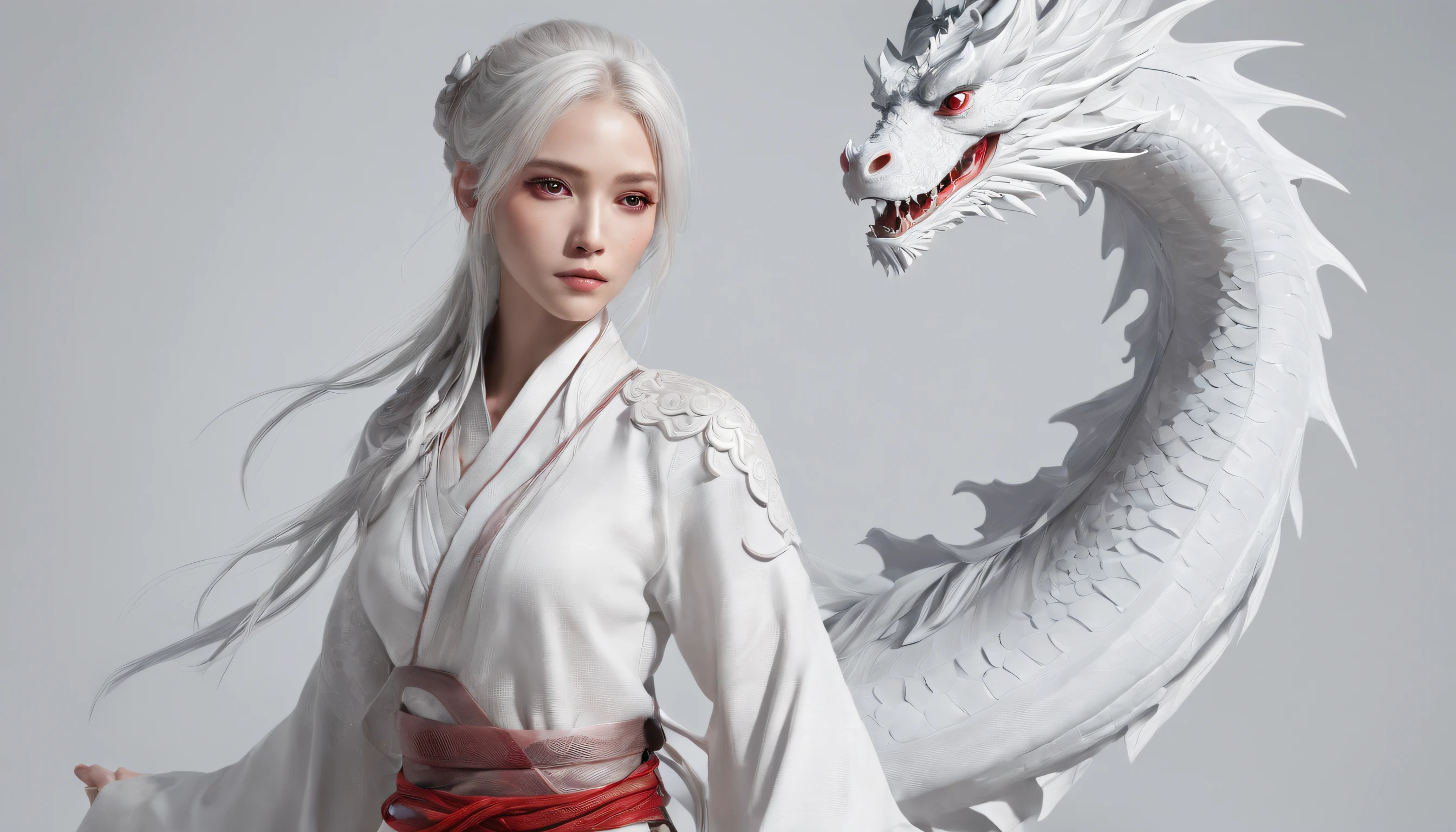 Cirilla Fiona Elen Riannon，动态照明，art  stations，poster for，Volumetriclighting，Very detailed faces，4k wallpapers，Award-Awarded，1 girl with white hair，He has a delicate and beautiful face，long hair flowing，horse tailed，Fringed Hair Ornament，Dynamic perspective，White Hanfu，White gauze flying，red waistband，Sexy，Tradition Chinese Ink Painting，Surrounded by clouds，fog atmosphere，Ride a white dragon，Stroke the faucet，White dragon horn，dynamic viewing angle，电影灯光，
