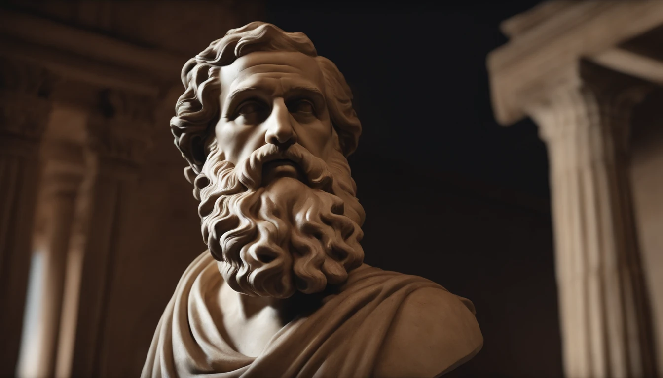 Statue of a Greek philosopher, rosto muito detalhado, barba grande, corpo normal, fundo escuro, 8k, ultra realistic
