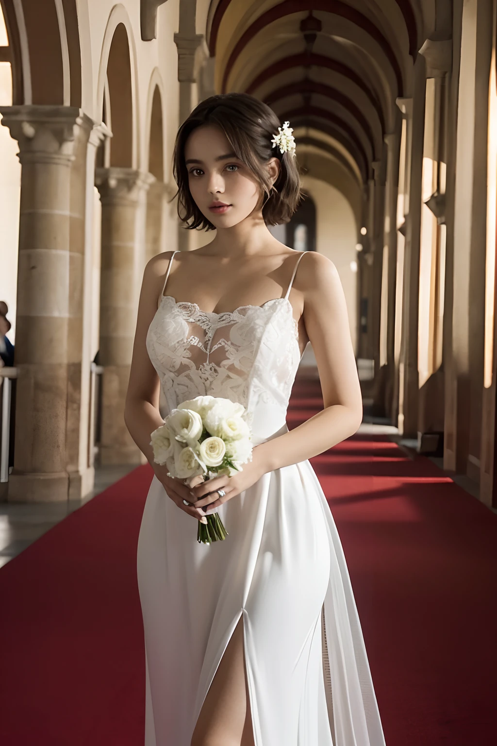 masterpiece:1.2, best quality), realistic, (real picture, intricate details, depth of field), (1girl, solo), make up, parted lips, highly-detailed, perfect face, (skindentation), thick thighs, wide hips, small waist, tall, glossy coral lips,, (A girl in a wedding dress with flowers in hands )), sexy, blushing, Mikasa from AOT