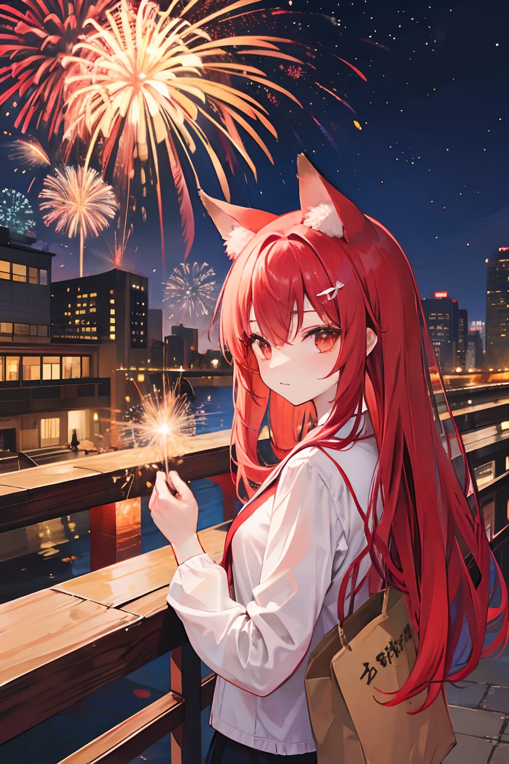 red tinted hair,Red fox ears,Summer fireworks,fire works,Buildings,城市,nighttime scene
