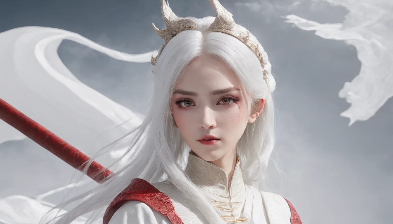 Cirilla Fiona Elen Riannon,动态照明,art stations,poster for,Volumetriclighting,Very detailed faces,4k wallpapers,Award-Awarded,1 girl with white hair,He has a delicate and beautiful face,long hair flowing,horse tailed,Fringed Hair Ornament,Dynamic perspective,White Hanfu,White gauze flying,red waistband,Sexy,Tradition Chinese Ink Painting,Surrounded by clouds,fog atmosphere,Ride a white dragon,Stroke the faucet,White dragon horn,dynamic viewing angle,电影灯光,