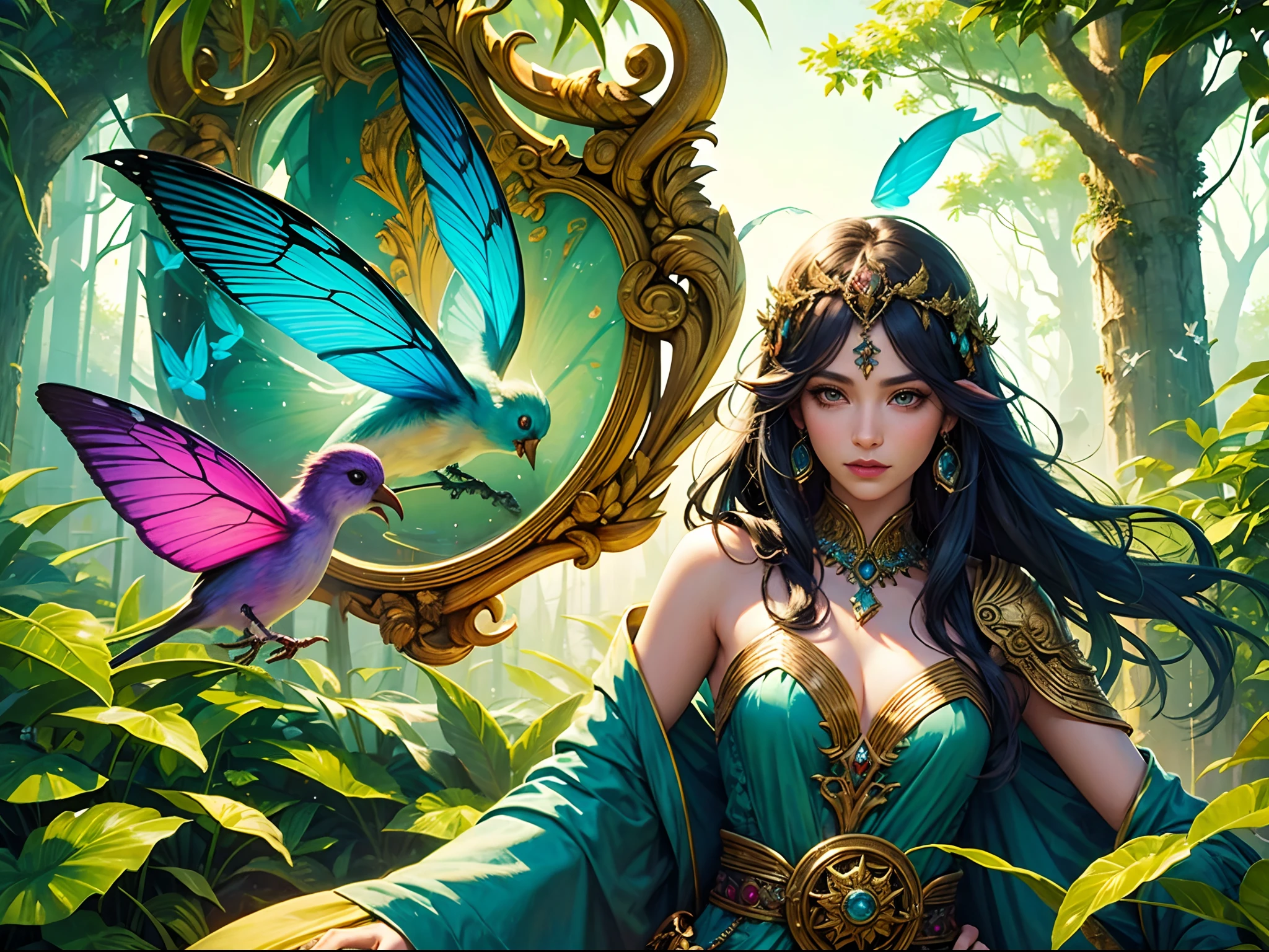 arafed woman in a blue dress painting a picture in a forest, detailed fantasy art, detailed painting 4 k, fantasy style art, beautiful character painting, beautiful fantasy art, 4k fantasy art, fantasy portrait art, realistic fantasy painting, fantasy card game art, beautiful fantasy painting, fantasy art behance, fantasy art portrait, realistic fantasy artwork, fantasy art illustration