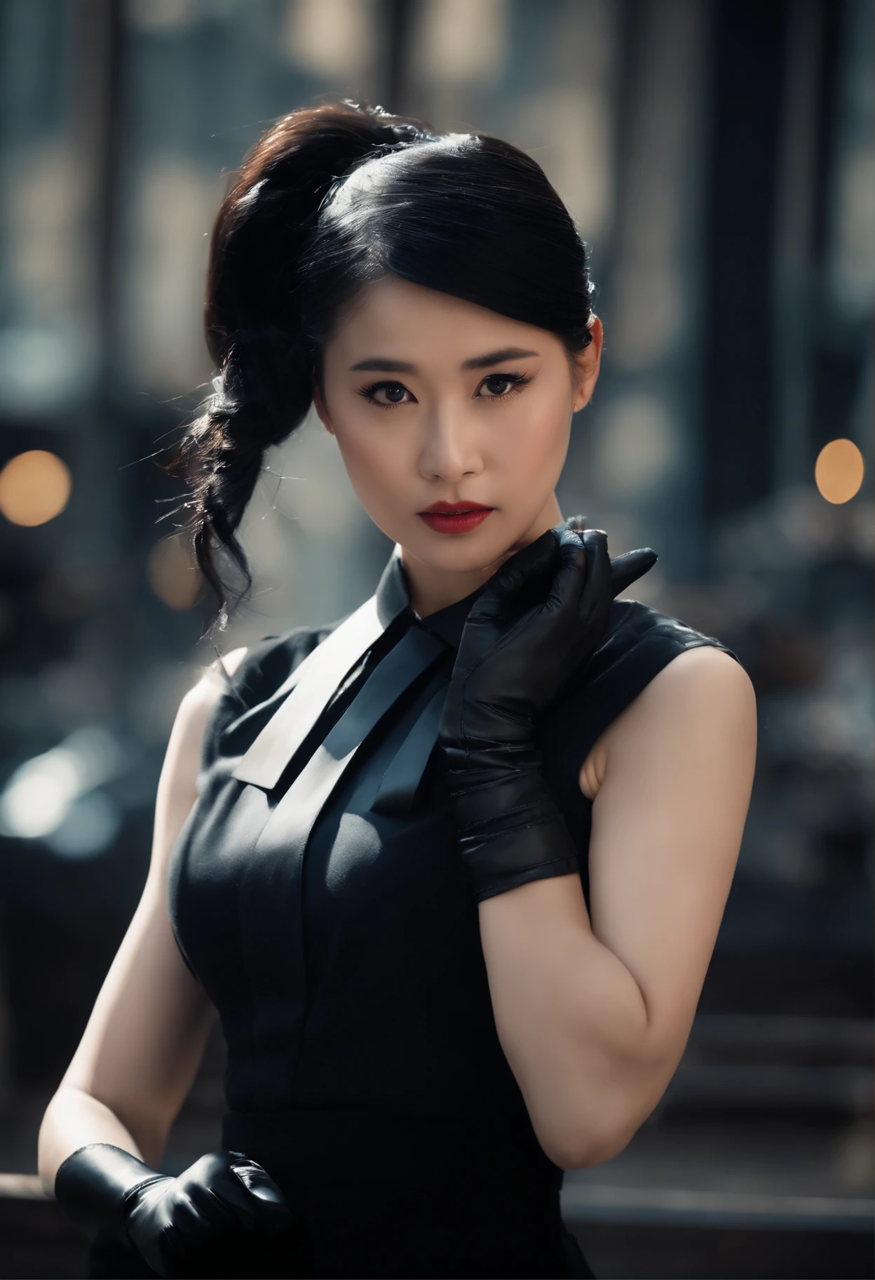 Black leather gloves, black suit, black hair, ponytail, Japanese girl, ribbon tie blouse, upper half