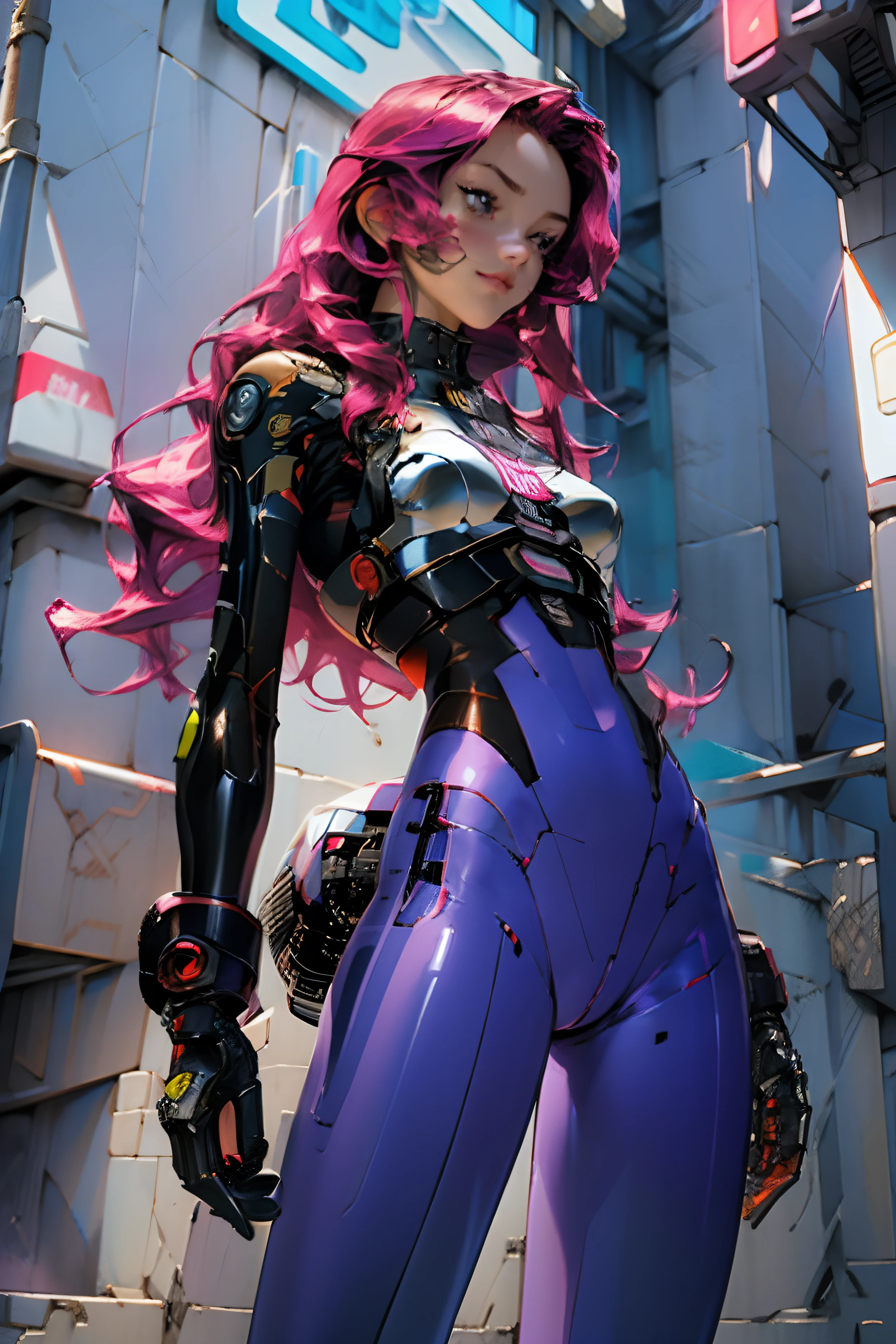 ray tracing, masterpiece, best quality, 1girl, beautiful girl, cyborg arms, cyberpunk, synthwave color, skin tight bodysuit