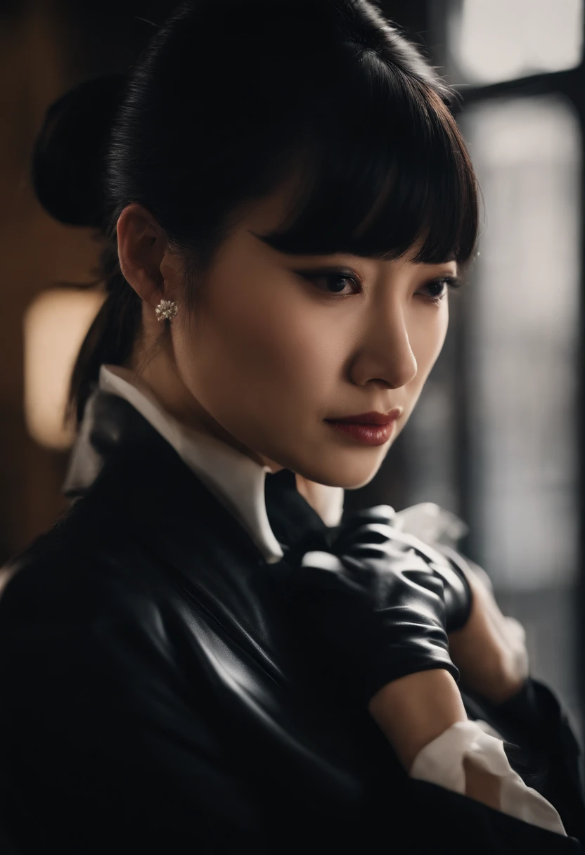 Black leather gloves, black suit, black hair, ponytail, Japanese girl, ribbon tie blouse, upper half