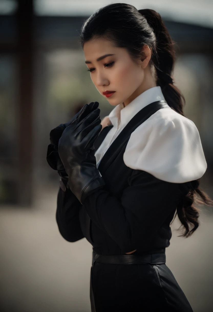 Black leather gloves, black suit, black hair, ponytail, Japanese girl, ribbon tie blouse, upper half
