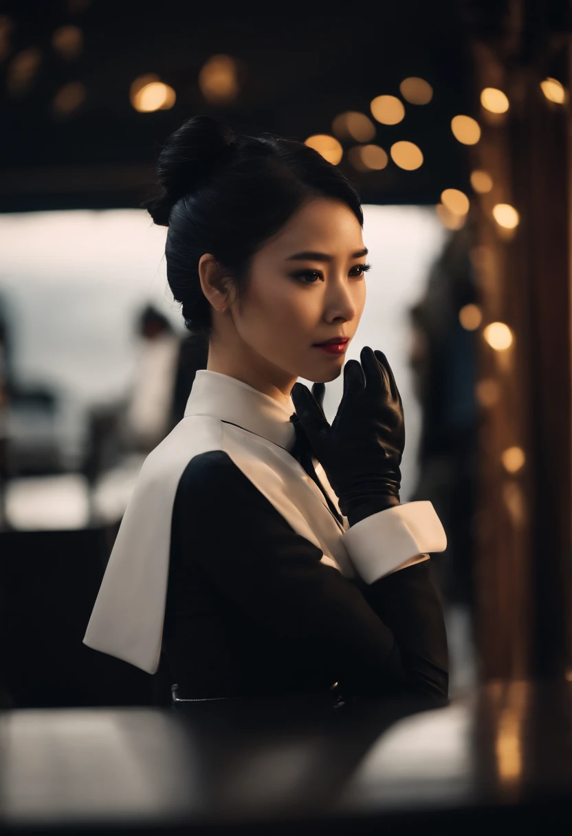 Black leather gloves, black suit, black hair, ponytail, Japanese girl, ribbon tie blouse, upper half