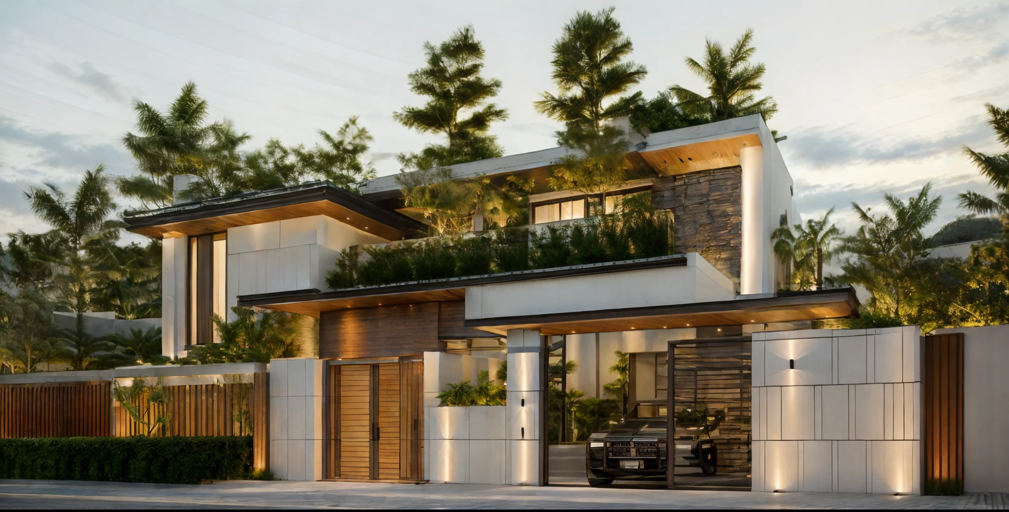 RAW photo, outdoor, (residential architecture exterior:1.3), 1 house architecture, (elegant), Singapore tropical modern house style, white wall and glass and rock and black steel and wood, (Luxury home with exquisite finishing:1.3), (wood),Beautiful tropical garden, warm yellow light in the interior, dark night sky, (high detailed:1.2), (Evening environment with warm dominant interior lighting), 8k uhd, ds, soft lighting, high quality, film grain, Fujifilm XT3