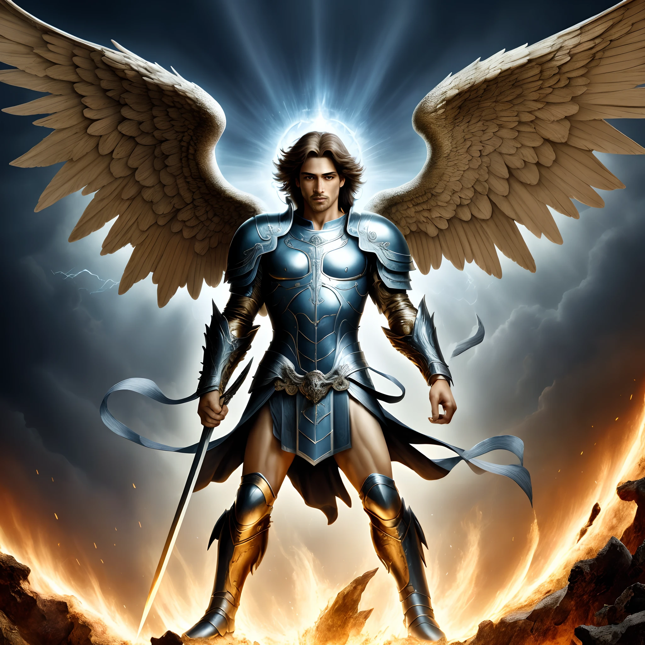 Arcanjo Miguel, a character in the Bible, imagem do arcanjo miguel com seus Anjos, the Angels are on the sides of Archangel Michael, Archangel Michael is the Leader, The image is rendered in the highest quality, maximum details, Qaulidade Maxima, with maximum lighting detail, imagem realista, Maximum realism, Texture and overall composition.