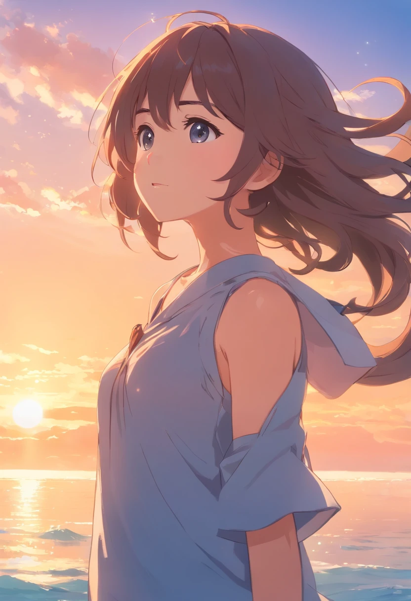 masterpiece、top-quality、Movie stills、1girl in、Seagirl、floating in sky、a closeup、发光、Happiness、Warm and soft lighting、the morning sun、(Spark:0.7)