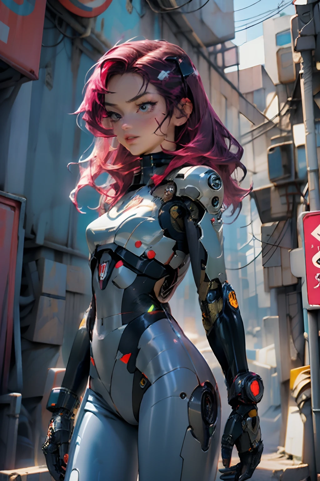 ray tracing, masterpiece, best quality, 1girl, beautiful girl, cyborg arms, cyberpunk, synthwave color, skin-tight bodysuit, fit body,